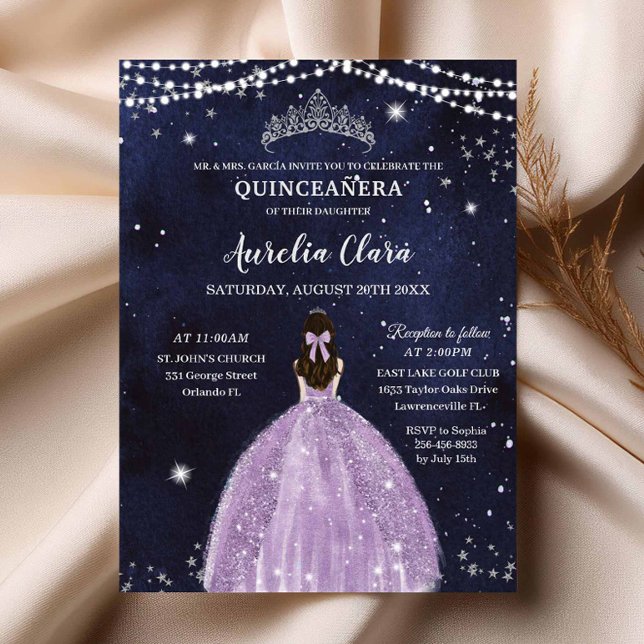 Starry Night Purple Lilac Quinceañera Convite (starry-night-under-the-stars-purple-lilac-dress-silver-quinceanera-sweet-16-invitation-magnetic-card)