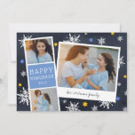 Starry Photobooth | Cartão de Colagem de Fotos Han<br><div class="desc">Cartão com fotos Chanucá bonito apresenta uma faixa de fotos com duas fotos e um painel de texto azul, além de um instantâneo inspirado por uma câmera instantânea com uma legenda manuscrita. Personalize com o ano e seu nome de família ou mensagem personalizada, em um fundo azul marinho pontilhado com...</div>