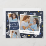 Starry Photobooth | Cartão de Colagem de Fotos Han<br><div class="desc">Cartão com fotos Chanucá bonito apresenta uma faixa de fotos com duas fotos e um painel de texto azul marinho, além de um instantâneo inspirado por câmera instantânea com uma legenda manuscrita. Personalize com o ano e seu nome de família ou mensagem personalizada, em um fundo azul marinho pontilhado com...</div>