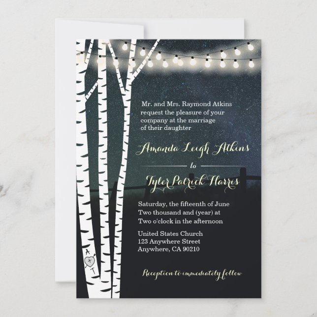 Starry String Light Birch Tree Casamento Convites (Frente)