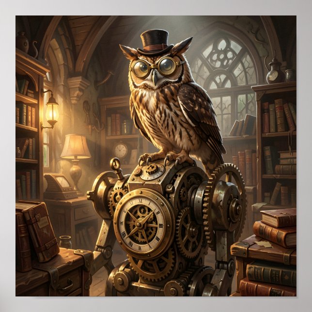 steampunk owl clockwork art poster (Frente)