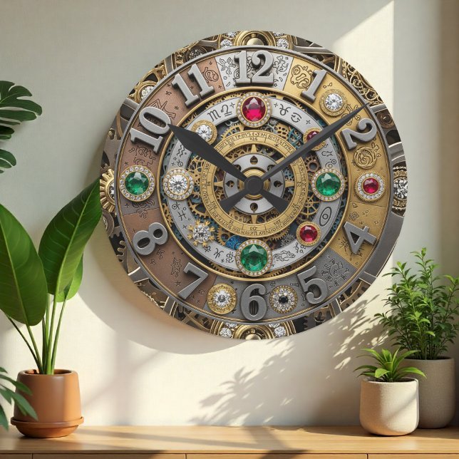 Steampunk, relógio joalhado, zodíaco, gems, vintag (StreamPunk Wall Clock)