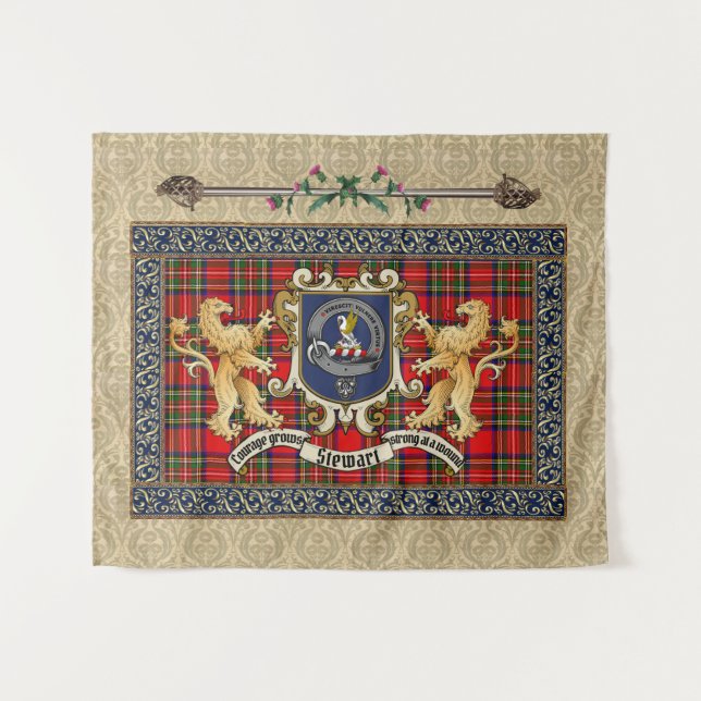 Stewart Clan Crachá & Tartan c/Lions Tapeçaria (Frente (Horizontal))