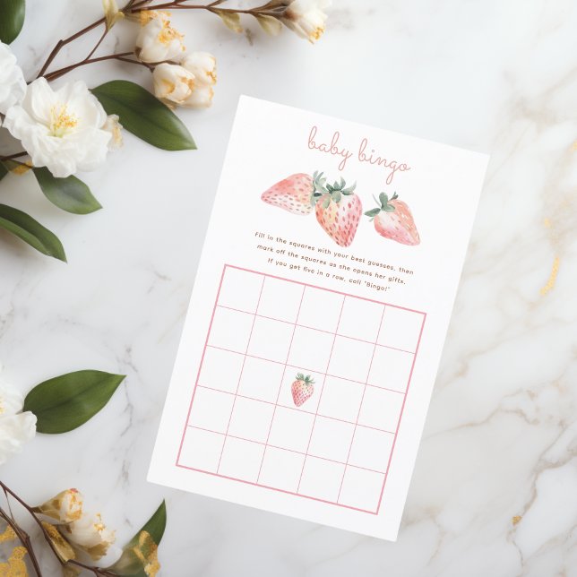 Strawberry Baby Bingo Game Berry Sweet Chá de fral (berry sweet baby shower bingo game with pink coquette watercolor strawberries)