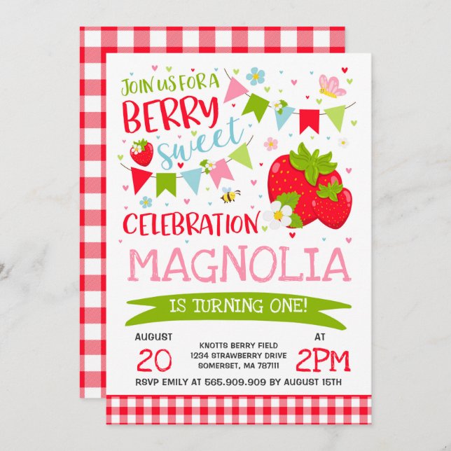 Strawberry Birthday Convite Berry Sweet Party (Frente/Verso)