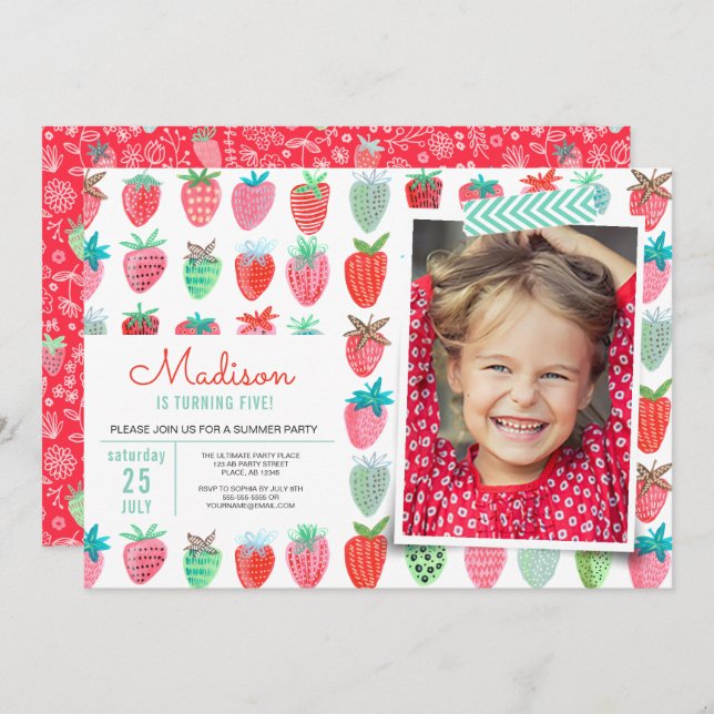 Strawberry Birthday Convite Berry Sweet Party (Frente/Verso)