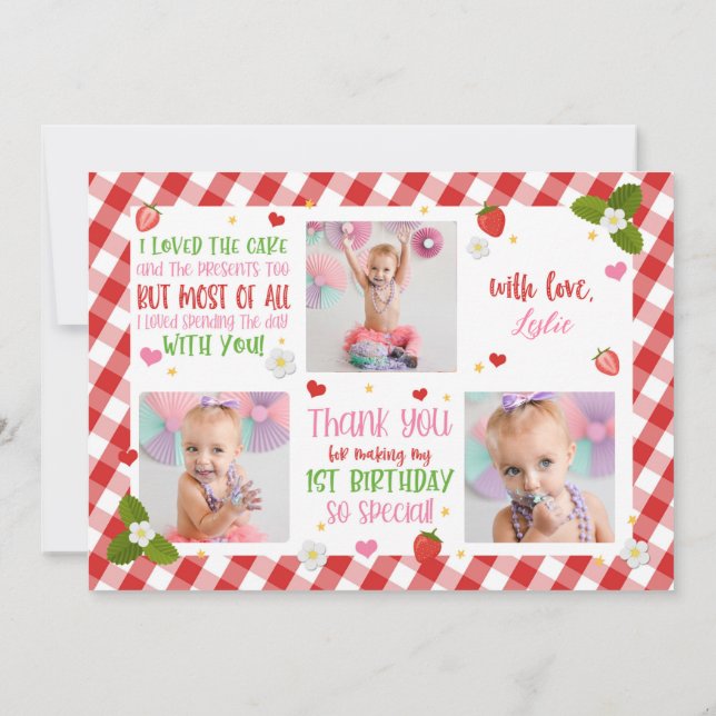 Strawberry Birthday Obrigado Cartão com fotos (Verso)