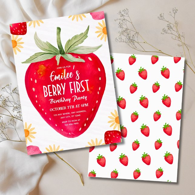 Strawberry & Daisy Berry Primeiro Convite de Anive (Strawberry & Daisy Berry First Birthday Invitation
)