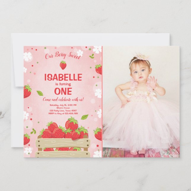 Strawberry First Birthday Convite à Fruta de Verão (Frente)