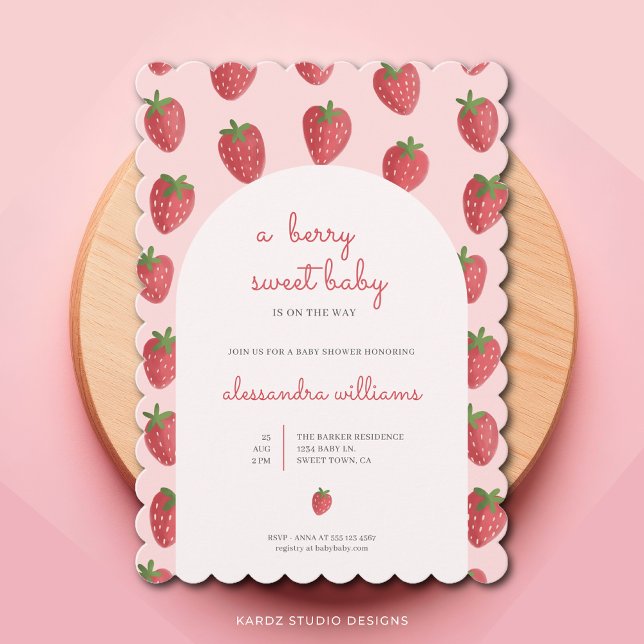 Strawberry Girl Berry Sweet Convite ao Chá de fral (Berry Sweet Baby, strawberry baby shower invitation with a beautiful script, clean and elegant look)