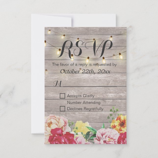 String Lights Rustic Wood Floral Weding RSVP Card (Frente)