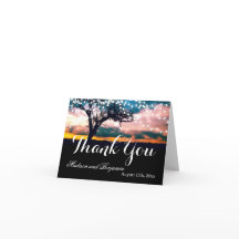 String Lights Tree Sunset Wedset Obrigado Cartões