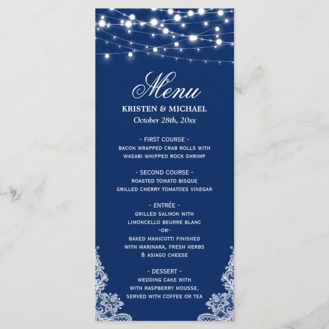 String Lights White Lace Marinho Blue Weding Menu (Frente)