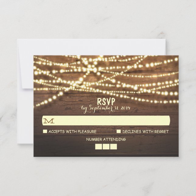 String Lights Wooden Rustic Weding RSVP Card (Frente)