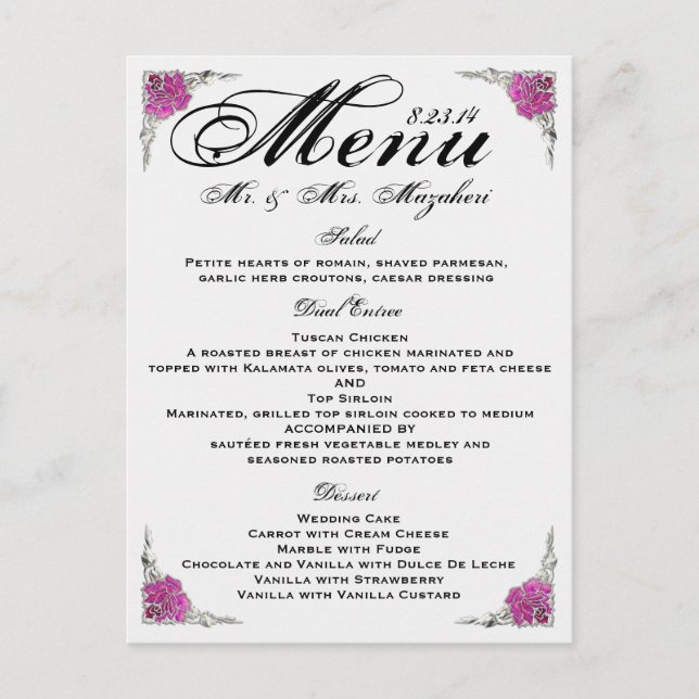 Stunning Rose Wedding Dinner Menu Thank you (Frente)