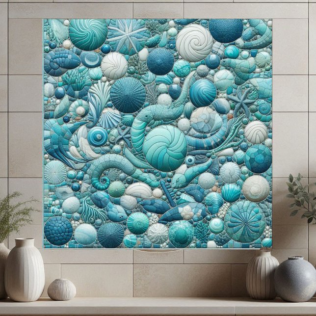 Stunning Underwater Shells Aquamarine Blue Mosaic  (Stunning Underwater Shells Aquamarine Blue Mosaic Ceramic Tile)