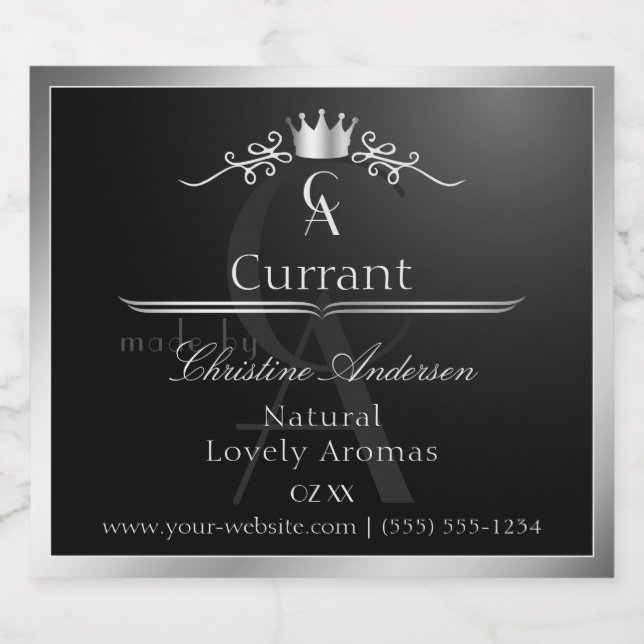 Stylish Black Product Label Silver Frame Monogram (Rótulo Único)