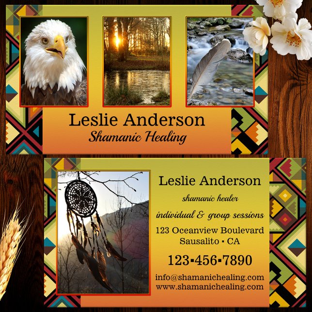 Sua Cartão de visita de cura tribal Shamanic (Business card featuring your custom photos framed by a colorful tribal design. Great for a shaman)