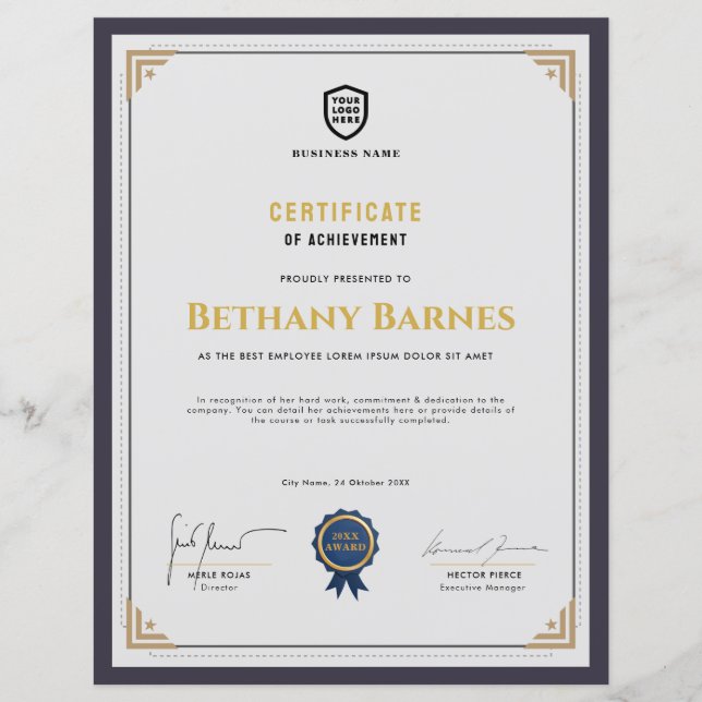 Sua empresa de logotipo | Prêmio de certificados m (Frente)