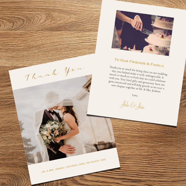Sua foto de casamento, cartões de agradecimentos m (Wedding thank you card with a photo on the front and back and text in gold)