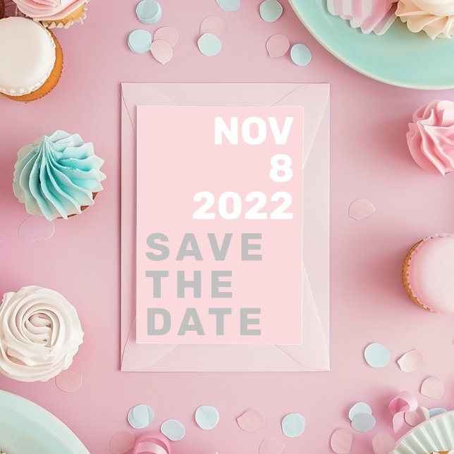 Sua foto ousada, moderno, salve o cartão de data (Big and bold typography, pink grey and white Save the date)
