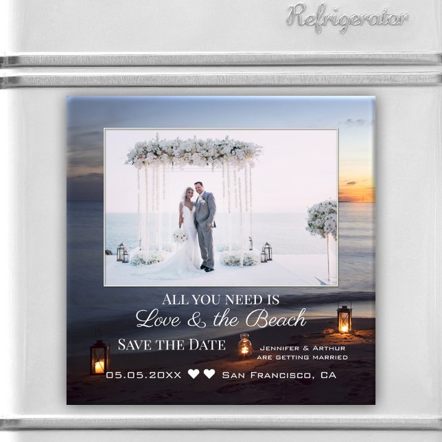 Sua Imã salve a data do Sol do Mar de Fotografia (An elegant photo magnet featuring your custom photo in a beach scene at sunset.)