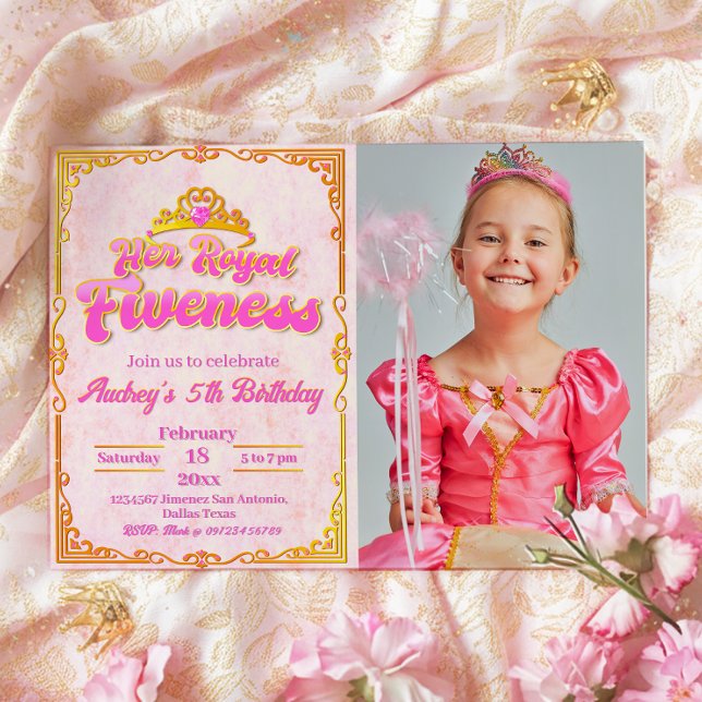 Sua Noite Real - 5 de Rapariga Convite de Aniversá (Her Royal Fiveness - Princess Girl 5th Birthday Landscape Invitation with Photo)