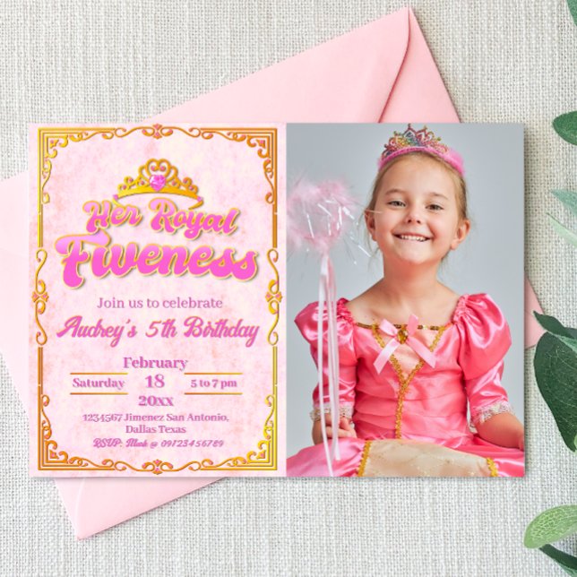 Sua Noite Real - 5 de Rapariga Convite de Aniversá (Her Royal Fiveness - Princess Girl 5th Birthday Landscape Invitation with Photo)