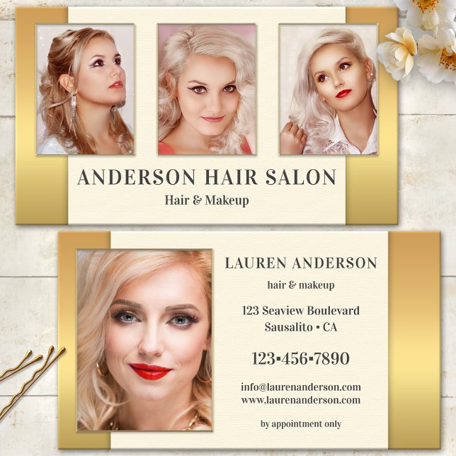 Suas fotos Douradas Cartão de visita de beleza do  (Makeup and hair salon business card featuring your photos portfolio on gold and cream)