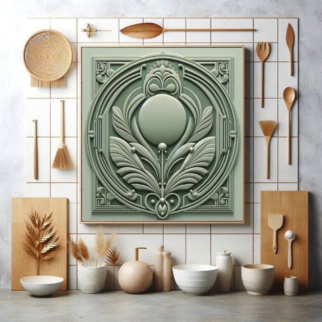 Suave Motivo Botânico Simétrico Art Déco em Verde  (Soft Sage Green Art Deco Symmetric Botanical Motif Ceramic Tile)