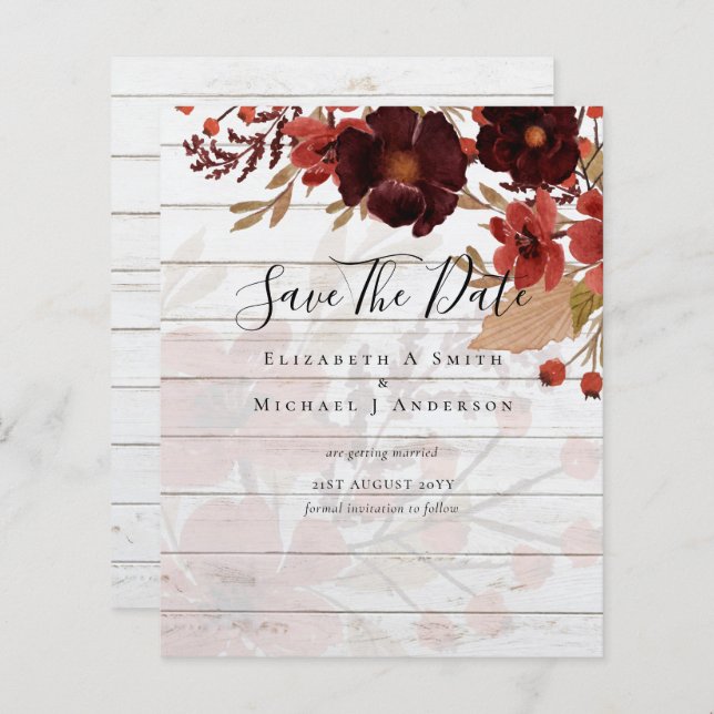 Sublime Burgundy Floral Wedding SAVE DATAS Orçamen (Frente/Verso)