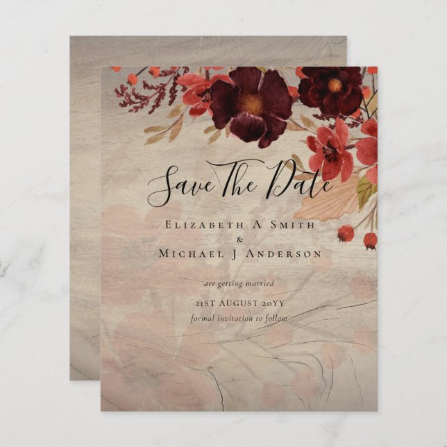 Sublime Burgundy Floral Wedding SAVE DATAS Orçamen (Frente/Verso)