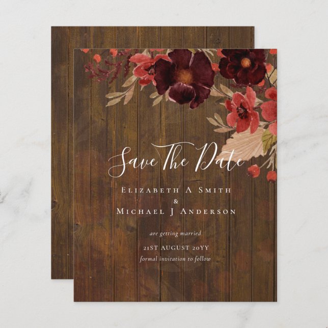 Sublime Burgundy Floral Wedding SAVE DATAS Orçamen (Frente/Verso)
