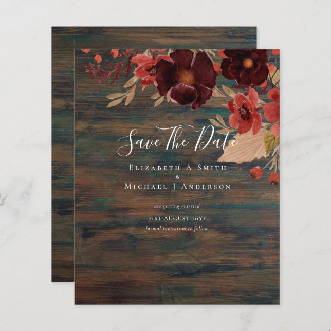 Sublime Burgundy Floral Wedding SAVE DATAS Orçamen (Frente/Verso)