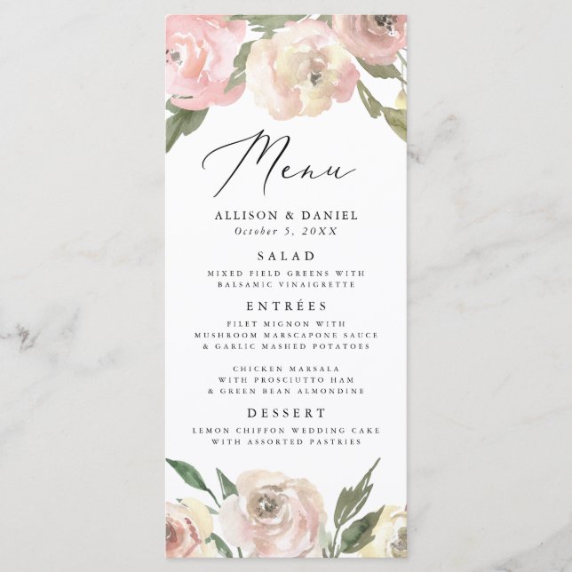 Subtle Blooms | Cartão de Menu de Casamento Floral (Frente)