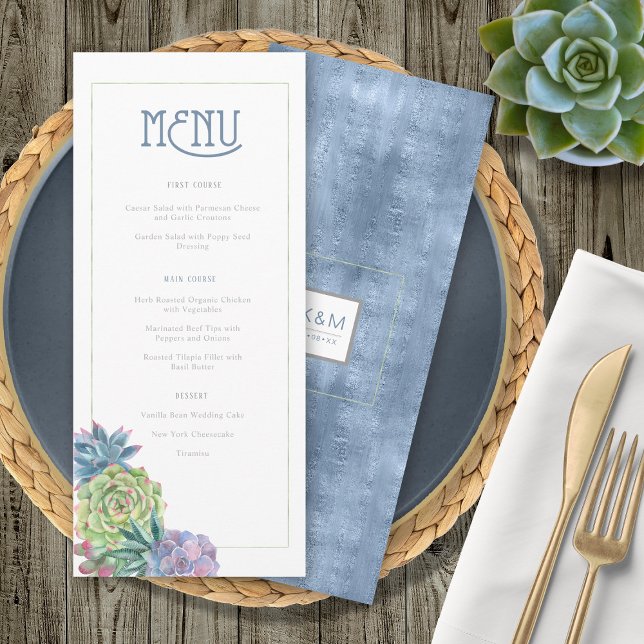 Succulents and Sparkle Wedding Menu Blue ID515 (Criador carregado)