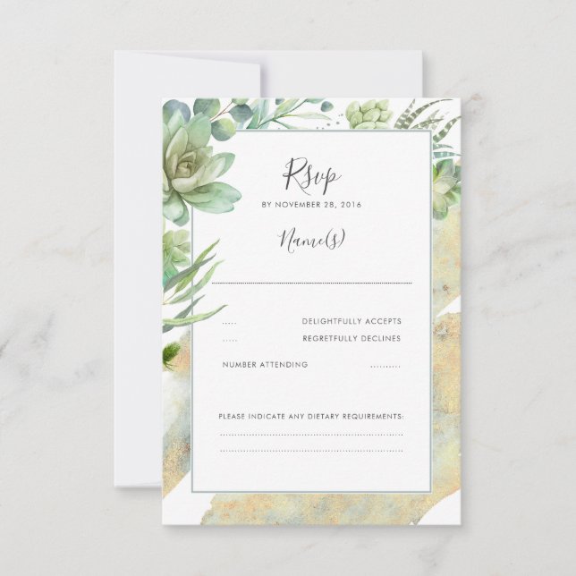 Succulents Greenery Dourado Casamento Moderno RSVP (Frente)