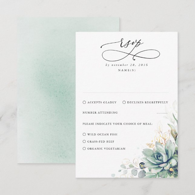 Succulents Greenery e RSVP de Casamento Dourado (Frente/Verso)