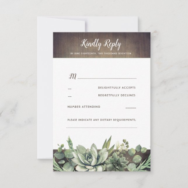 Succulents Greenery Rustic Country Wedding RSVP (Frente)