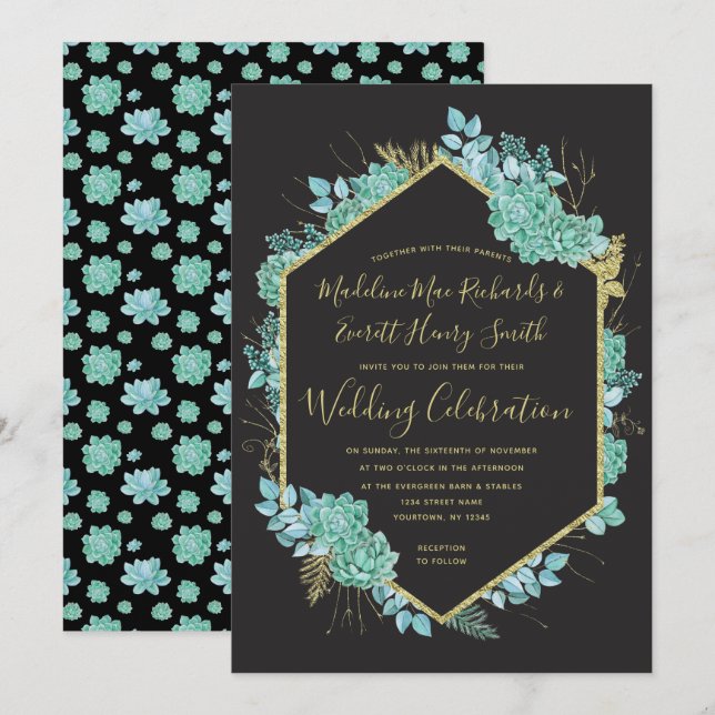 Suculenta Quadro Dourado Qualquer Convite De Casam (Frente/Verso)