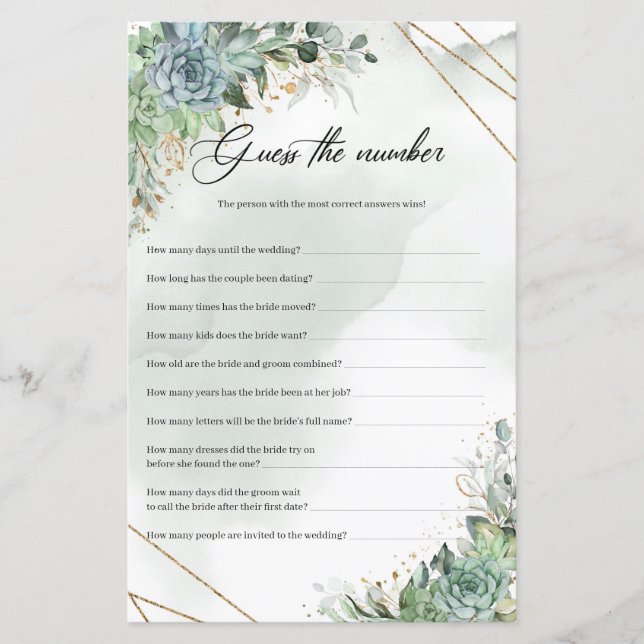 Suculentas boho eucalipto dourado Adivinhe o Númer (Frente)