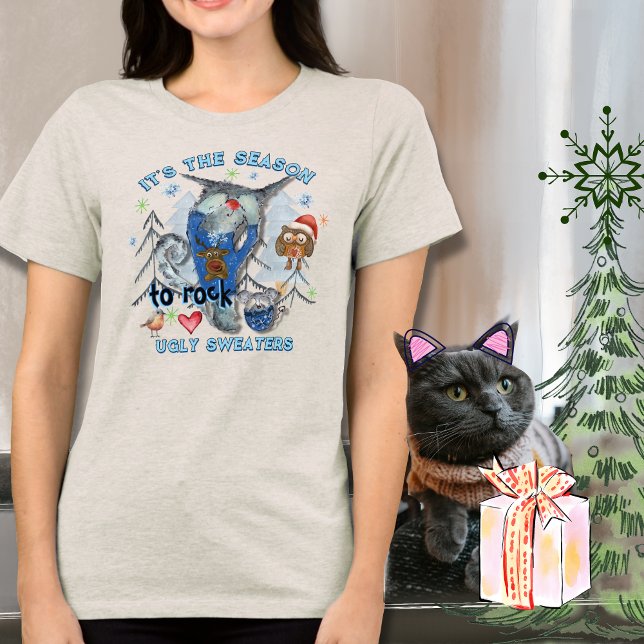 Suéter Feio de Pedra Gato e Rato Engraçados branco (Rock Ugly Sweater Funny Cat & Mouse white)