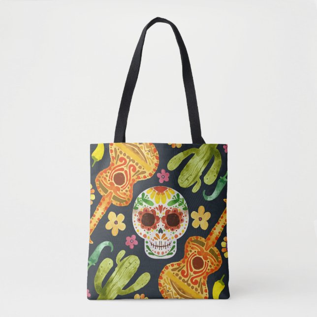 Sugar Skull e Guitars Dia de Muertos | Bolsa Tote (Frente)