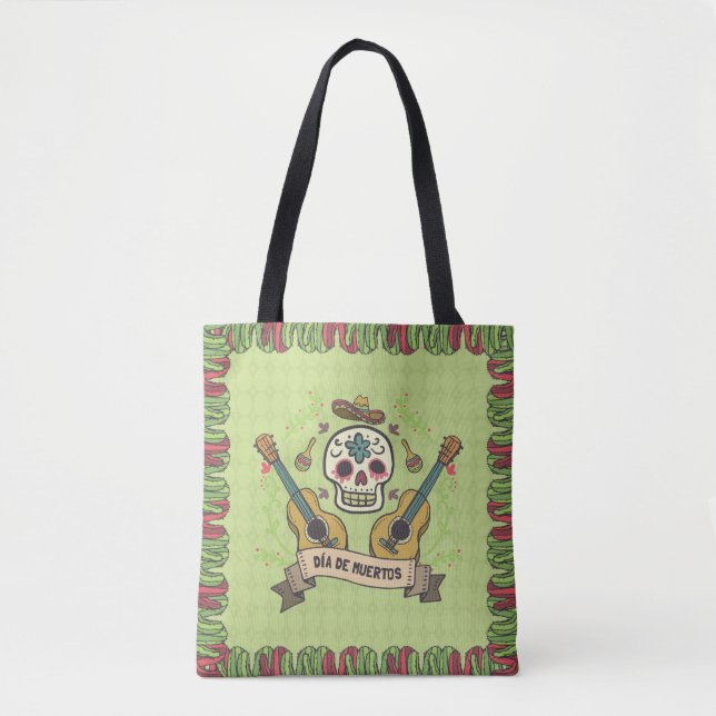 Sugar Skull e Guitars Dia de Muertos | Bolsa Tote (Frente)