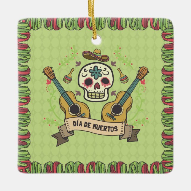 Sugar Skull e Guitars Dia de Muertos | Ornamento (Frente)