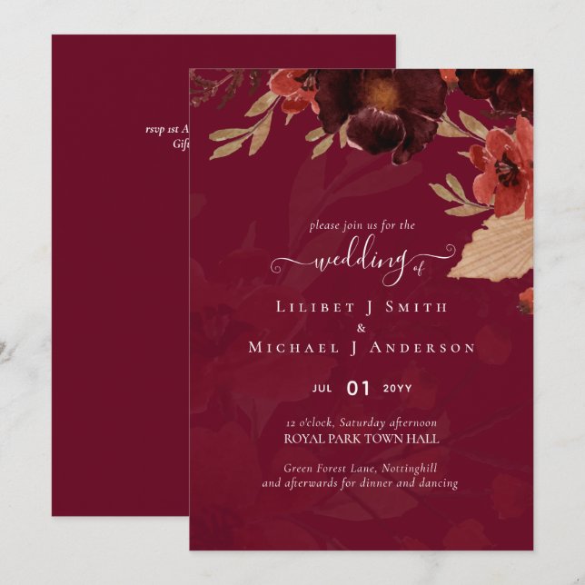 Suíte de Casamento Floral Terracotta Burgundy Verm (Frente/Verso)