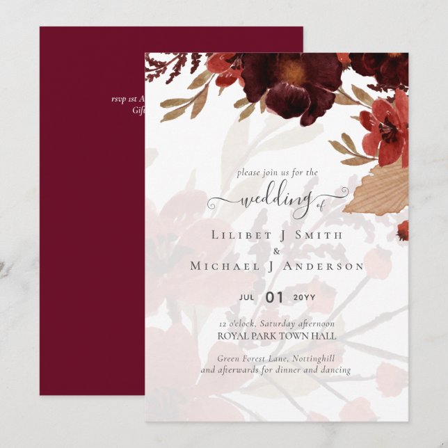 Suíte de Casamento Floral Terracotta Burgundy Verm (Frente/Verso)