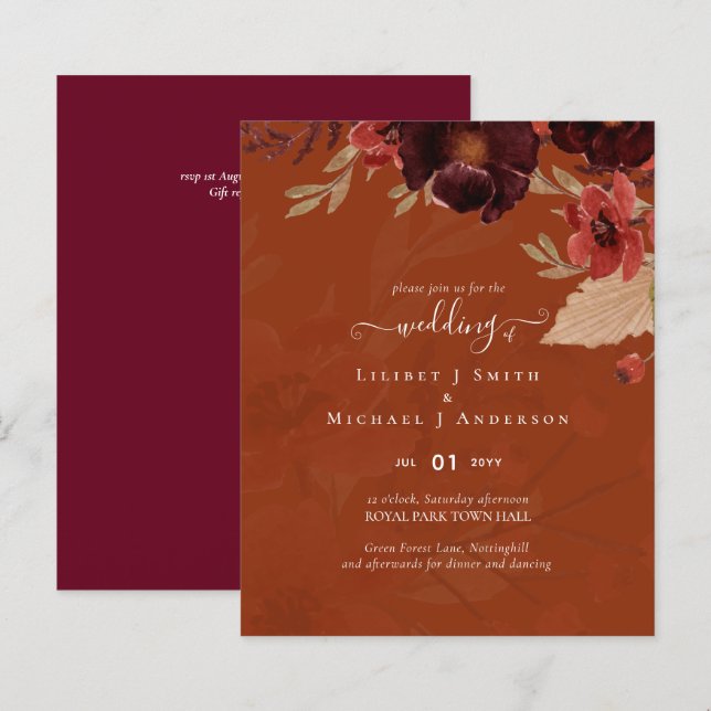 Suíte de Casamento Floral Terracotta Burgundy Verm (Frente/Verso)