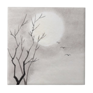 Sumi-e japonês do cenário da lua da noite do