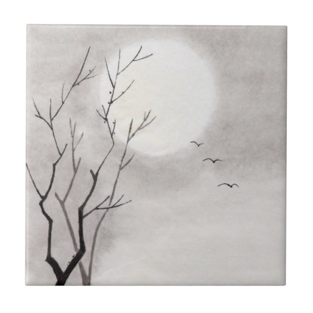 Sumi-e japonês do cenário da lua da noite do (Frente)